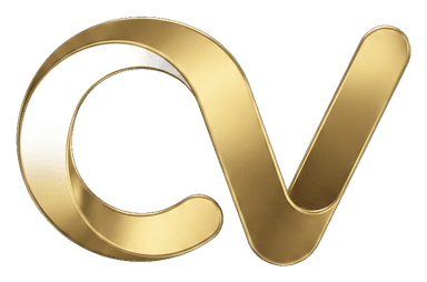 Covnant CV ribbon monogram — a metallic gold ribbon drawing a C sweeping into a V